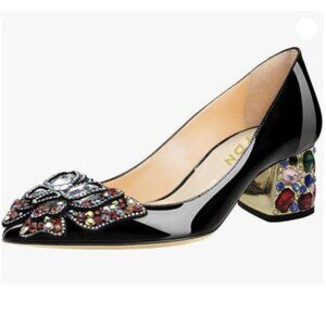 YDN Women Pointed Toe Bow Pump Colorful Rhinestone Block Low Heel Butterfly Shoe
